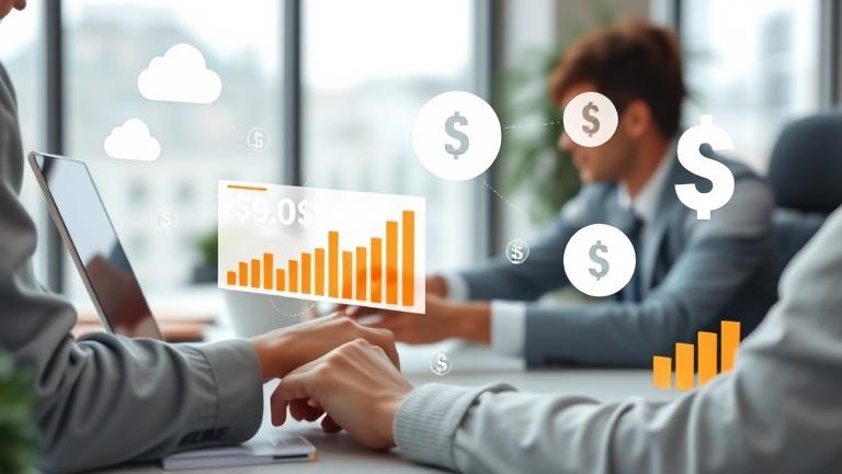 alt_text: Person analyzing cloud costs on a tablet with cloud icons, charts, and dollar signs.