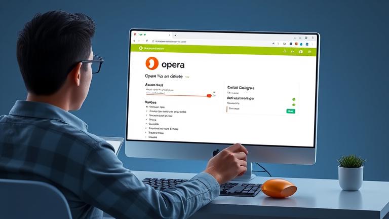 alt_text: Person focused on laptop with Opera browser open, highlighting account management options.
