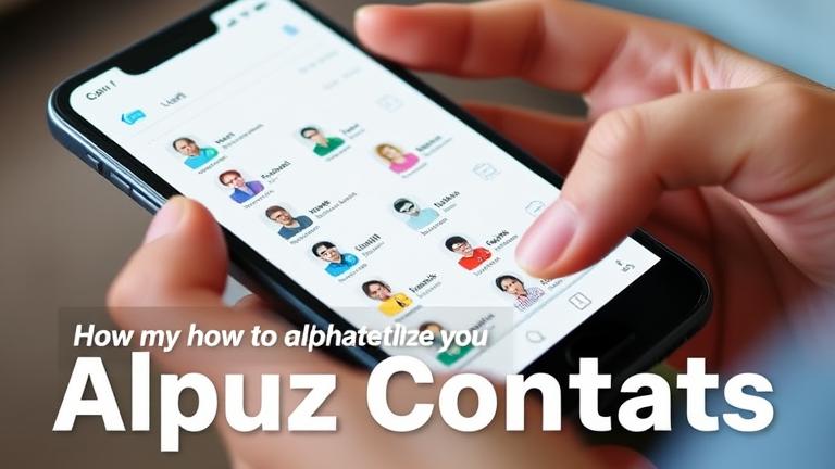 alt_text: Person organizing contacts alphabetically on a smartphone with colorful icons and sorting cues.