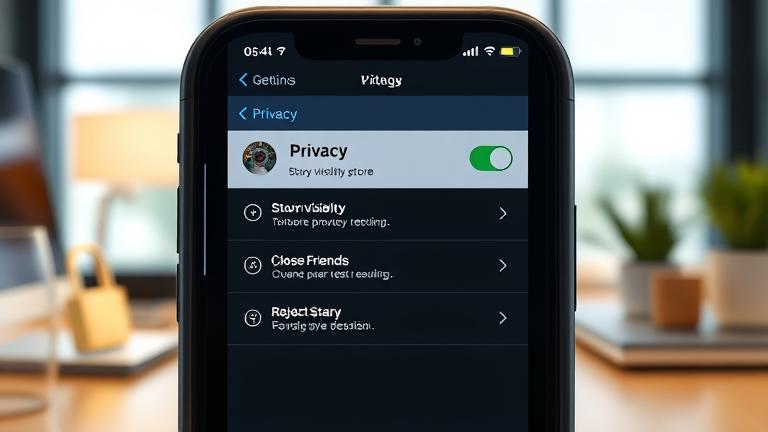 alt_text: Smartphone displaying Instagram story privacy settings with icons, in a modern workspace.