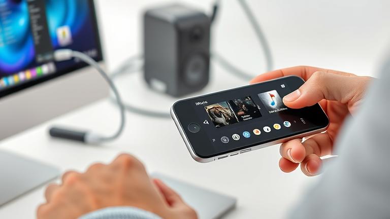 alt_text: Person transfers music from laptop to iPhone 5s, with music icons & transfer cues.