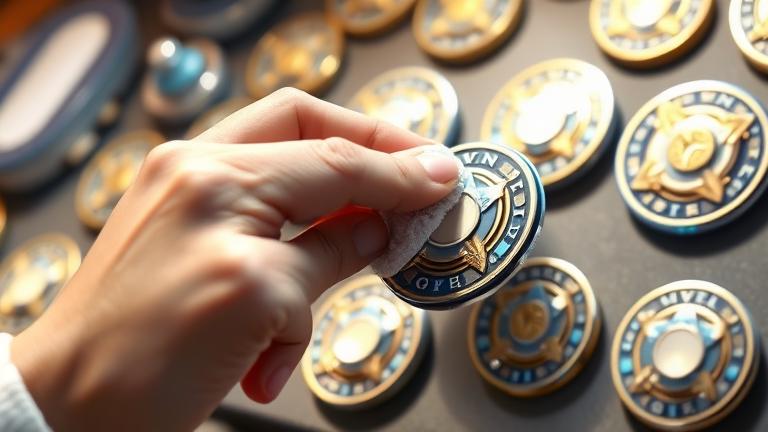 alt_text: Person carefully cleaning shiny badges with a soft cloth in a bright, tidy display area.