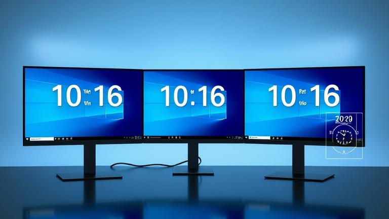 alt_text: Multiple monitors displaying synchronized date and clock in Windows 11 setup.