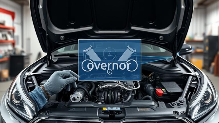 alt_text: Mechanic removing car governor in workshop, engine open, tools, gloves, digital hints.