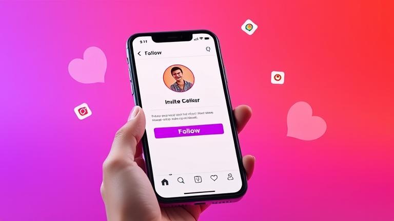 alt_text: Smartphone screen with Instagram profile, "Follow" tapped, social icons, vibrant colors, inviting!