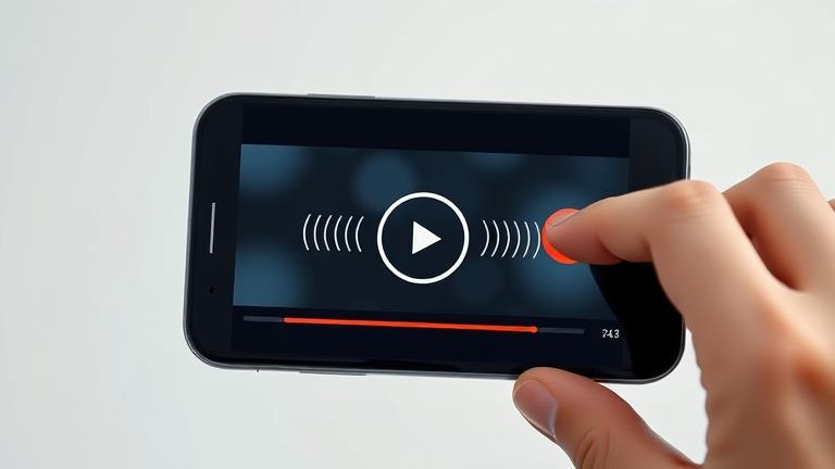 alt_text: iPhone screen showing video rewind controls with a finger swiping, in a clean, modern setting.