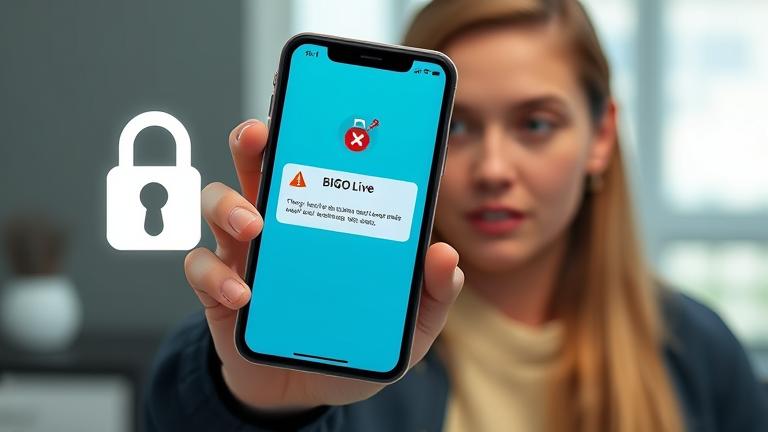 Concerned person views BIGO Live ban notification on phone with lock icon and modern background.