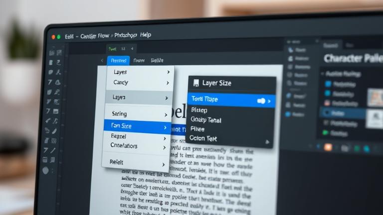 alt_text: Photoshop interface showing font size dropdown in character panel on a clean, modern workspace.