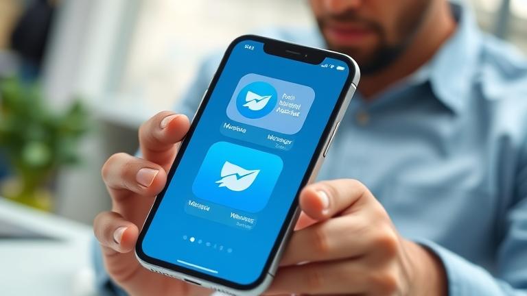 alt_text: iPhone home screen showing two Messenger icons, person using device, sleek, modern design.