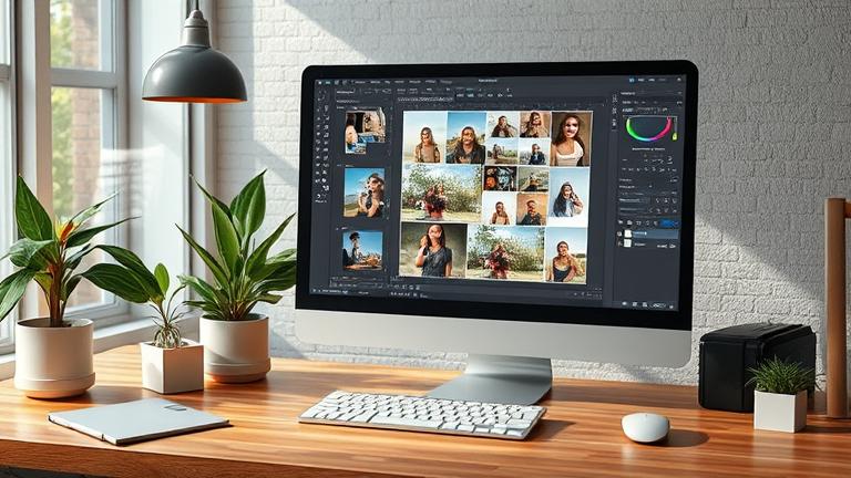 alt_text: Modern workspace showing Photoshop collage creation with photos, guides, and tools.