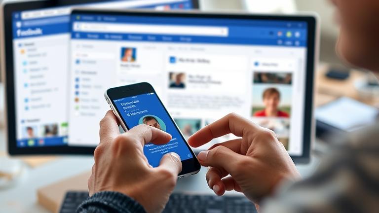 alt_text: Person recovering a deleted Facebook album on smartphone/computer, with "Recently Deleted" visible.