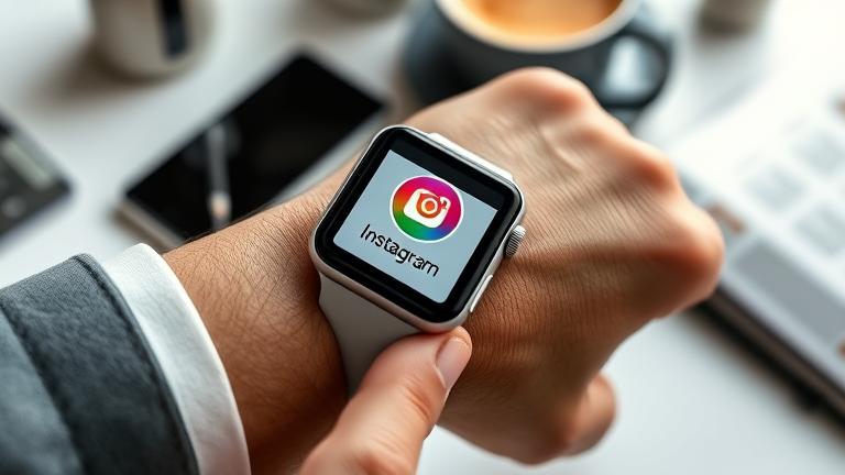 alt_text: Apple Watch with Instagram app open, hand interacting; stylish desk, coffee in background.