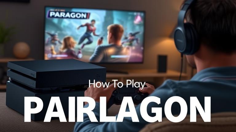 alt_text: PS4 setup with gamer playing Paragon, vibrant visuals, and guide text for mastering the game.