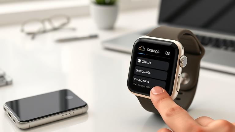 alt_text: Apple Watch displaying iCloud settings in a modern workspace for account management.