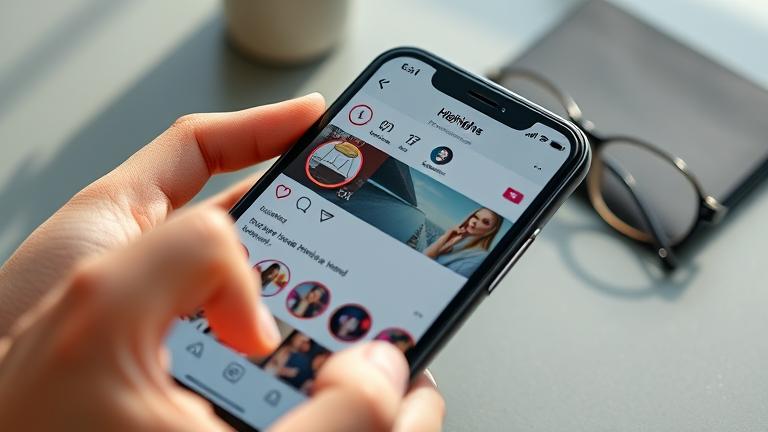alt_text: Close-up of a smartphone showing Instagram Highlights with minimal stories, in natural light.