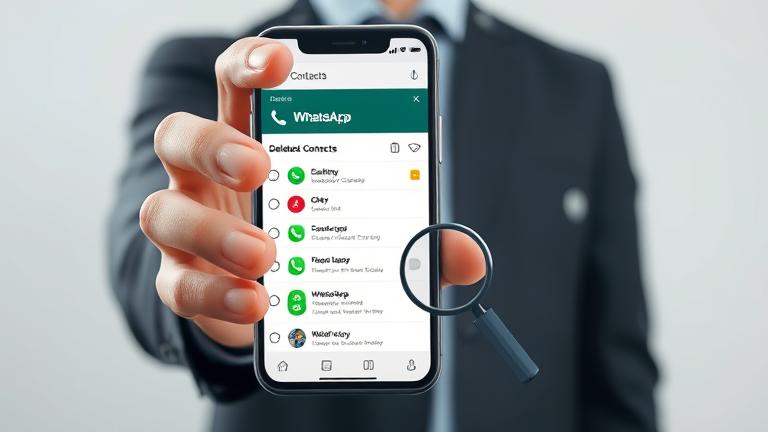 alt_text: Person holding phone showing WhatsApp chat list, with subtle delete icons for contact management.