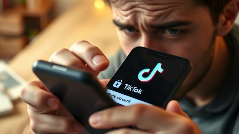 alt_text: Frustrated user looks at TikTok app on phone with delete warning in cozy setting.