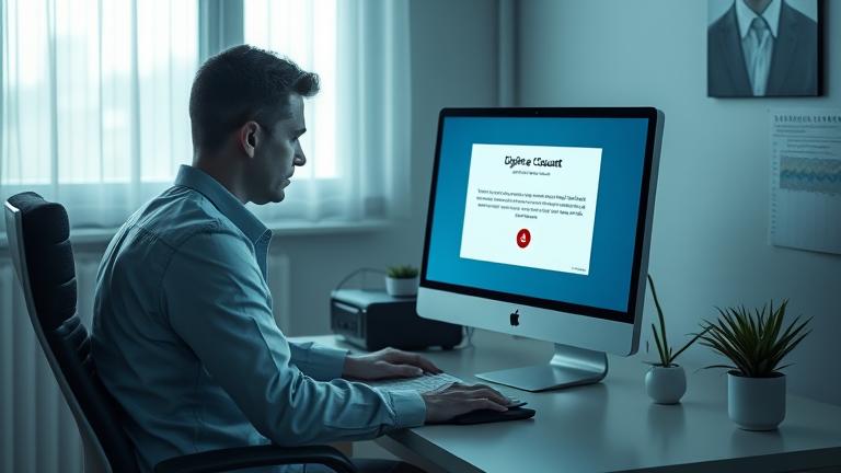 alt_text: Person at desk with a computer, viewing an account closure confirmation, conveying finality.