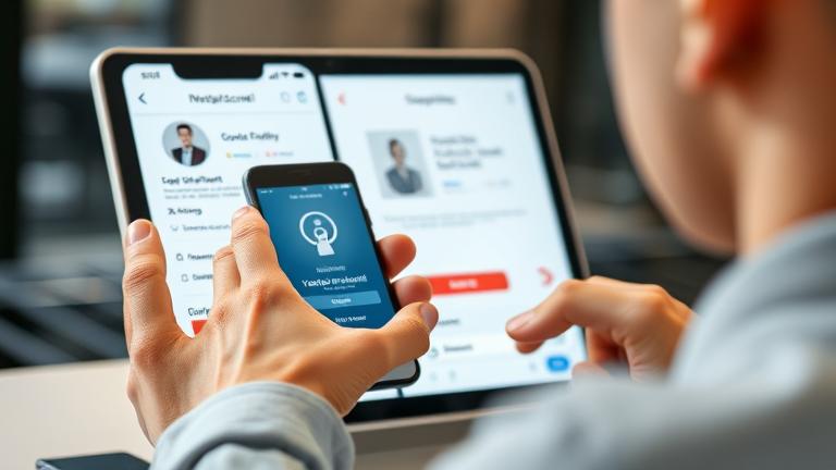 alt_text: Person managing account settings on a digital device, focused on security and deletion options.