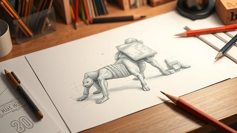 alt_text: Artist's desk with a detailed sketch, pencils, and shading tools, evoking creativity.