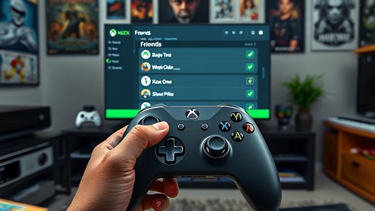 alt_text: Person holds Xbox controller with friends list, options to remove or delete, cozy gaming room.