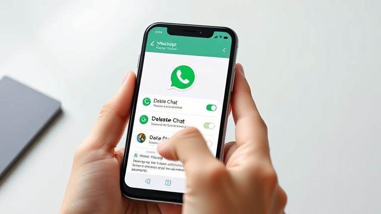alt_text: Realistic Android phone deleting WhatsApp chat for privacy, with focused UI details.