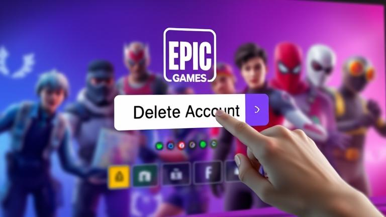 alt_text: Epic Games account deletion scene with interface, logo, delete button, and gaming background.