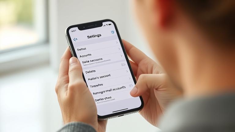 alt_text: Person managing email settings on iPhone in a clean, modern, well-lit space.