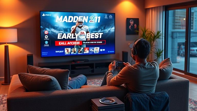 alt_text: Person gaming on PS4 with Madden 21, TV menu, headset, console, and warm, excited ambiance.