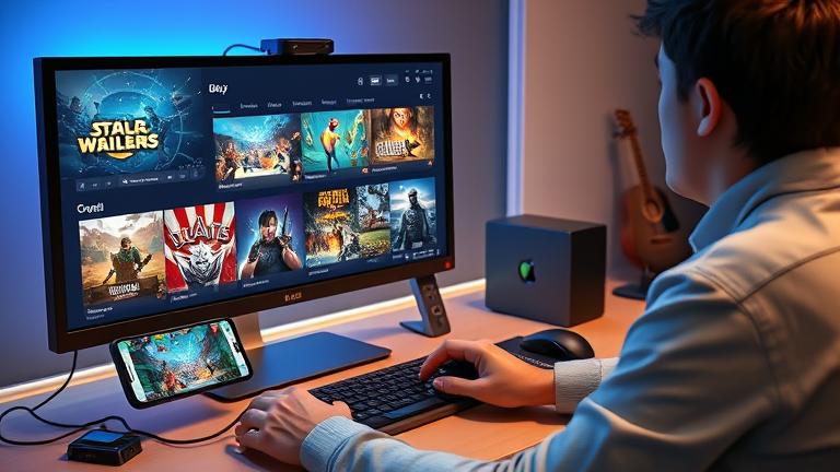 alt_text: Person gaming on PC with large monitor, Android game icons, smartphone connected, modern setup.