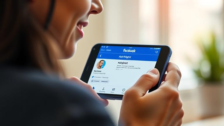 alt_text: Person using Facebook on phone, adding highlight with vibrant blue and white interface.