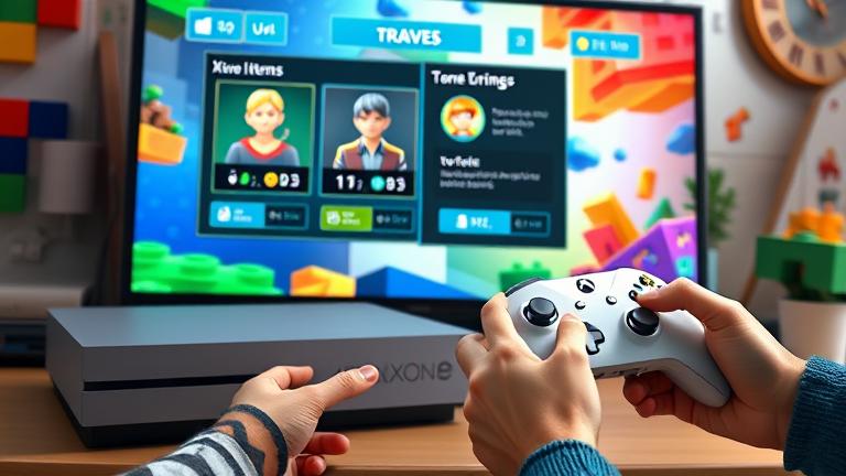 alt_text: Xbox One and TV screen showing Trove trading with avatars, items, and vibrant game background.