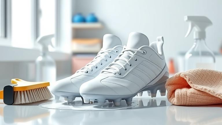 alt_text: White athletic cleats being cleaned in a bright, organized space with cleaning supplies visible.