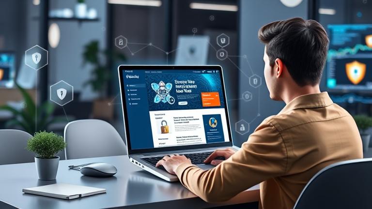 alt_text: Person working on a Weebly dashboard in a secure, professional workspace, emphasizing website safety.