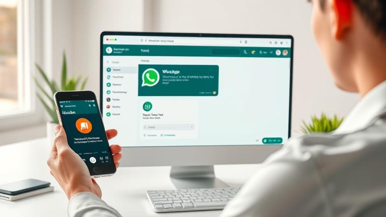alt_text: Person downloads WhatsApp audio on a computer in a modern workspace.