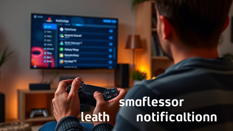 alt_text: Close-up of PS4 with notifications, person holding controller, cozy gaming setup in background.