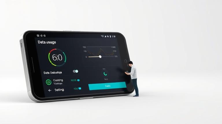 alt_text: Android phone showing data usage settings, toggle, graph, and user managing data.