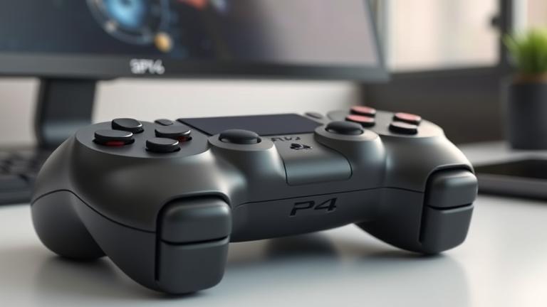 alt_text: Close-up of a PS4 controller on a gaming desk, highlighting the pressed R3 button.