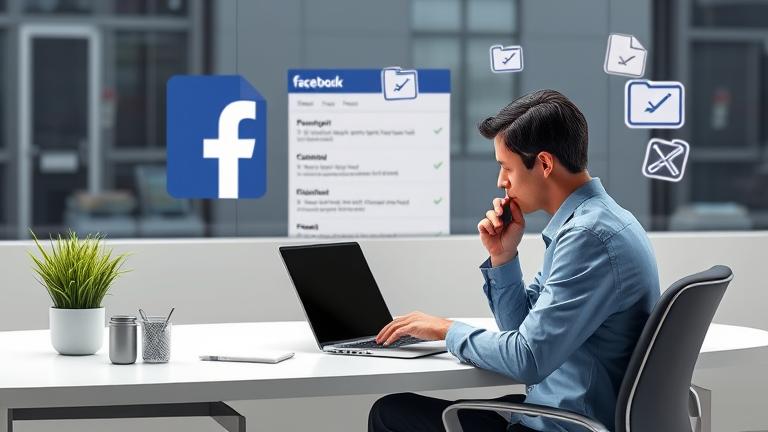 alt_text: Person manages Facebook privacy settings with data icons, logo, and delete symbols.
