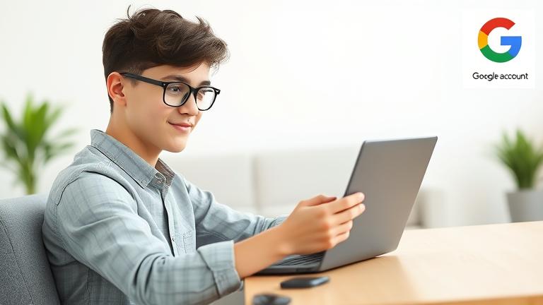 alt_text: Person adjusts Google Account settings confidently in a modern workspace.