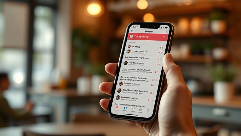 alt_text: Person holding phone with Tinder chat visible, cozy café background, recovering messages.
