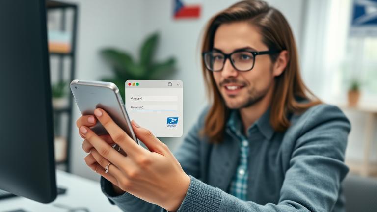 alt_text: Person looks at USPS login on device in tidy home, seeking their account info comfortably.