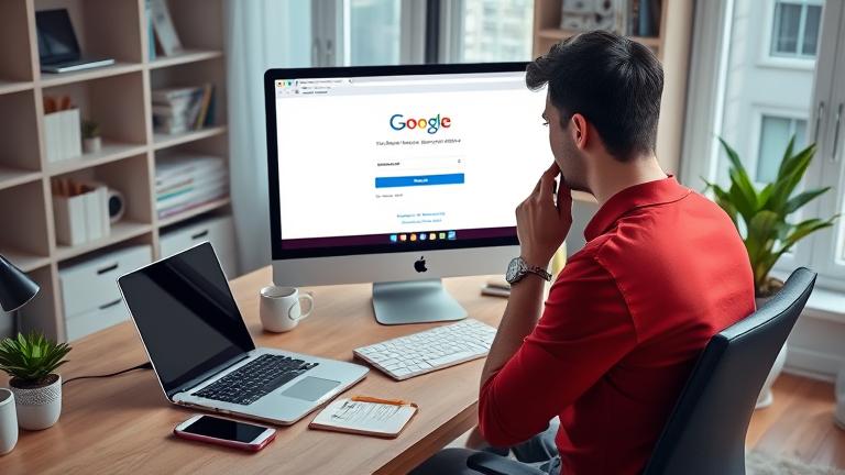 alt_text: Person at modern desk puzzled over Gmail login with laptop, notepad, phone, soft lighting.