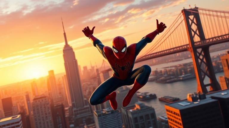 alt_text: Spider-Man swings over NYC at sunset, heading toward distant rafts and boats in harbor.