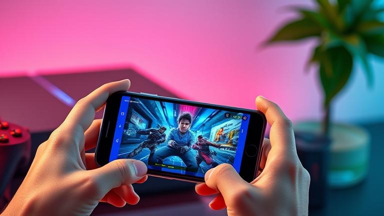 alt_text: Person holding phone showing PS4 clips, with PS4 console and controller in background.