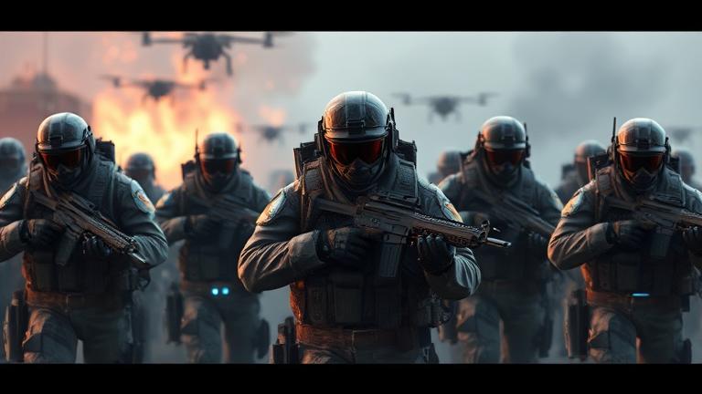 alt_text: Modern soldiers with gaming gear, drones, and code hints blend warfare and gaming culture.