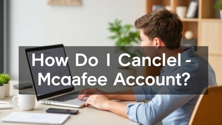 Modern workspace with a person on a laptop viewing McAfee account settings, emphasizing digital security.