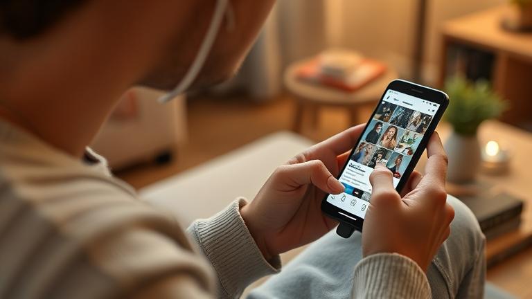alt_text: Person peacefully exploring Instagram on their phone, in warm, cozy surroundings.