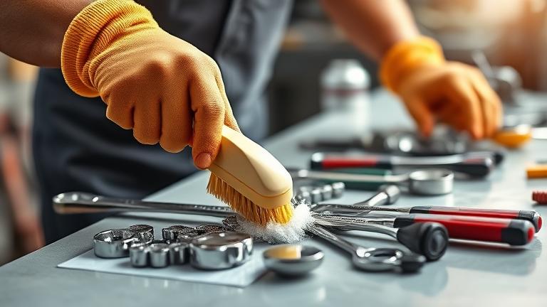 alt_text: Person disinfecting greasy tools with brush and cleaner in a bright garage workshop.