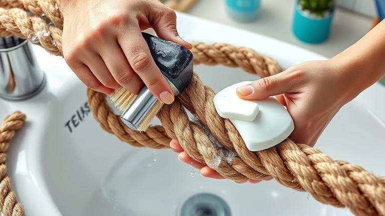 alt_text: Person cleaning a dirty rope with soap and water, showing the cleaning process clearly.